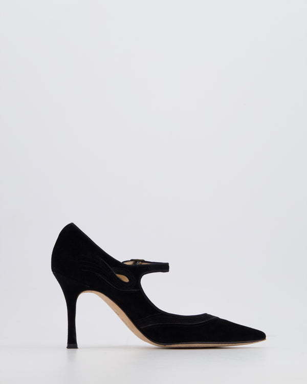 Manolo Blahnik Black Suede Pointed Mary Jane Pumps with Embroidery Detail Size EU 35