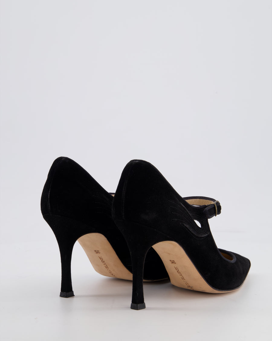 Manolo Blahnik Black Suede Pointed Mary Jane Pumps with Embroidery Detail Size EU 35