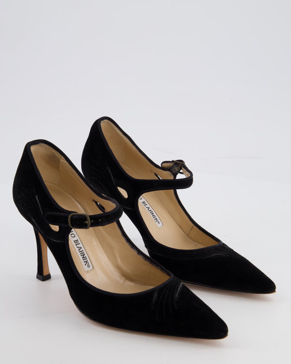 Manolo Blahnik Black Suede Pointed Mary Jane Pumps with Embroidery Detail Size EU 35