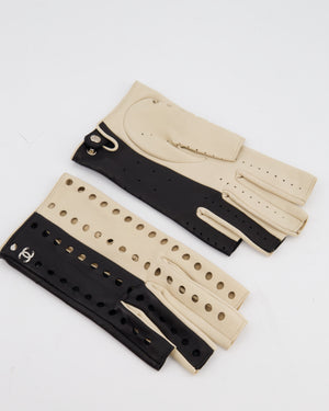 Chanel Black and Beige Perforated Fingerless Leather Gloves Size 7.5