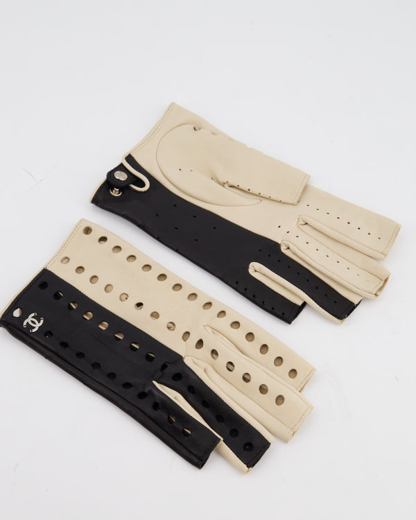 Chanel Black and Beige Perforated Fingerless Leather Gloves Size 7.5