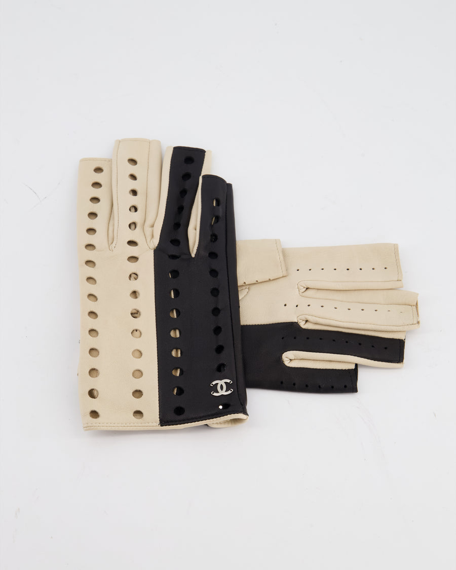 Chanel Black and Beige Perforated Fingerless Leather Gloves Size 7.5