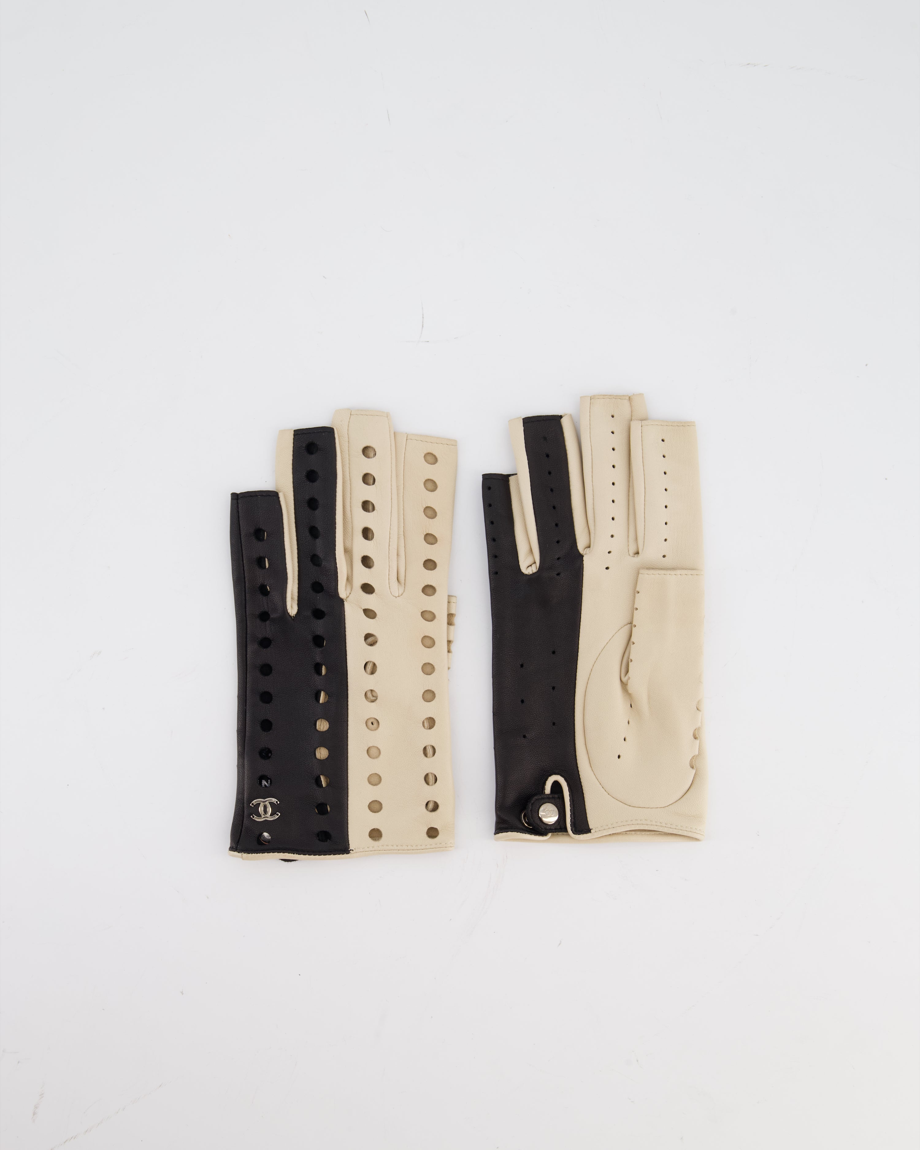 Chanel Black and Beige Perforated Fingerless Leather Gloves Size