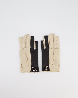Chanel Black and Beige Perforated Fingerless Leather Gloves Size 7.5