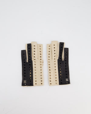Chanel Black and Beige Perforated Fingerless Leather Gloves Size 7.5