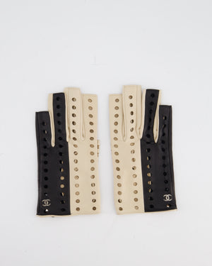 Chanel Black and Beige Perforated Fingerless Leather Gloves Size 7.5