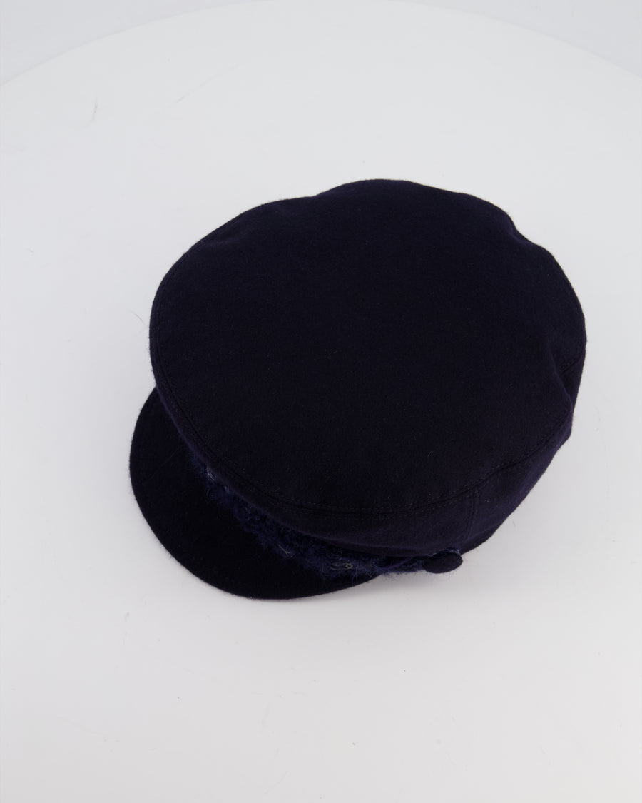 Chanel Navy Blue Newsboy Wool Hat with Tweed Detail Size M