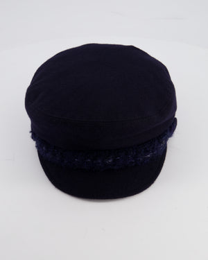 Chanel Navy Blue Newsboy Wool Hat with Tweed Detail Size M
