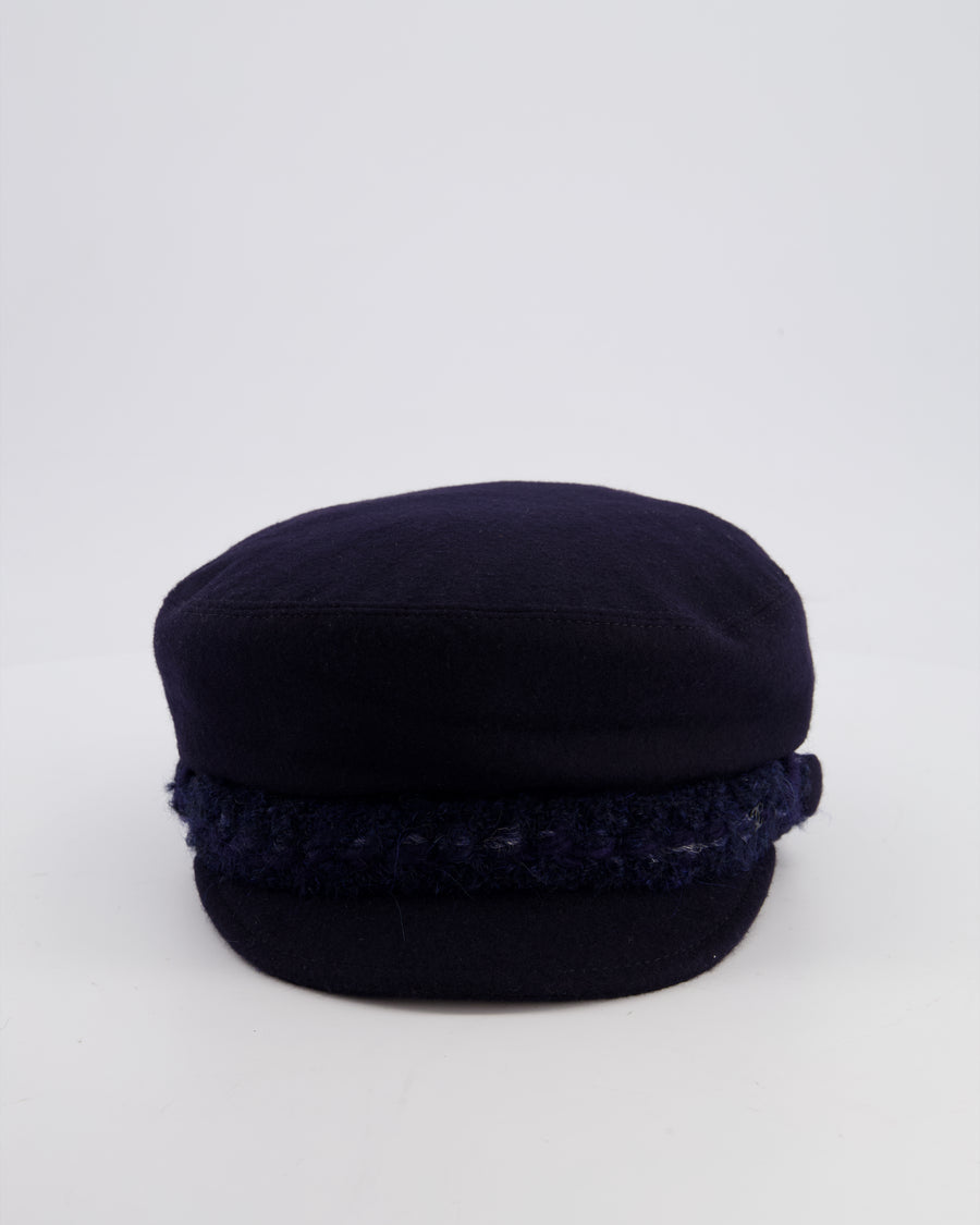 Chanel Navy Blue Newsboy Wool Hat with Tweed Detail Size M