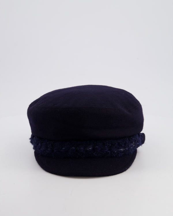 Chanel Navy Blue Newsboy Wool Hat with Tweed Detail Size M