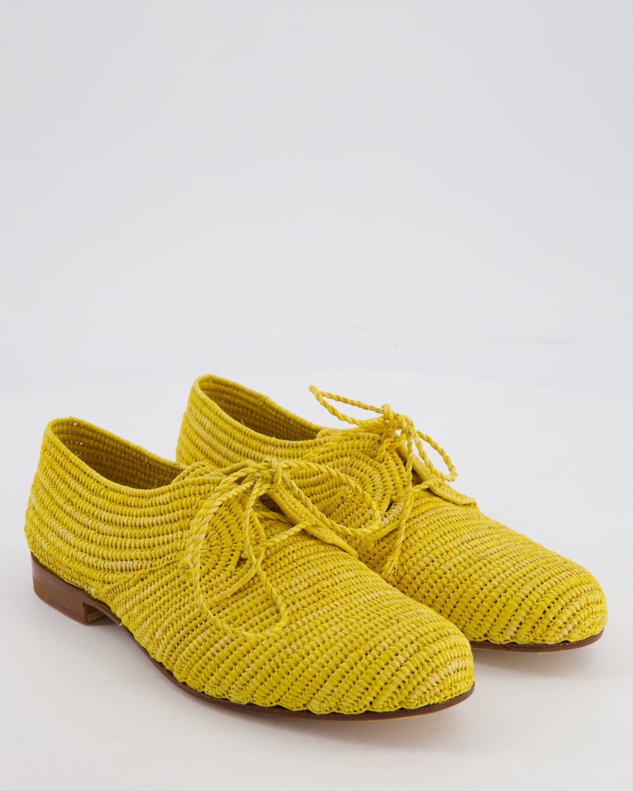 Manolo Blahnik Yellow Faza Raffia Oxford Shoes Size EU 35