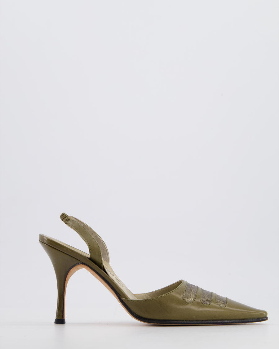 Manolo Blahnik Olive Green Slingback Heels with Crocodile Detail Size EU 35.5