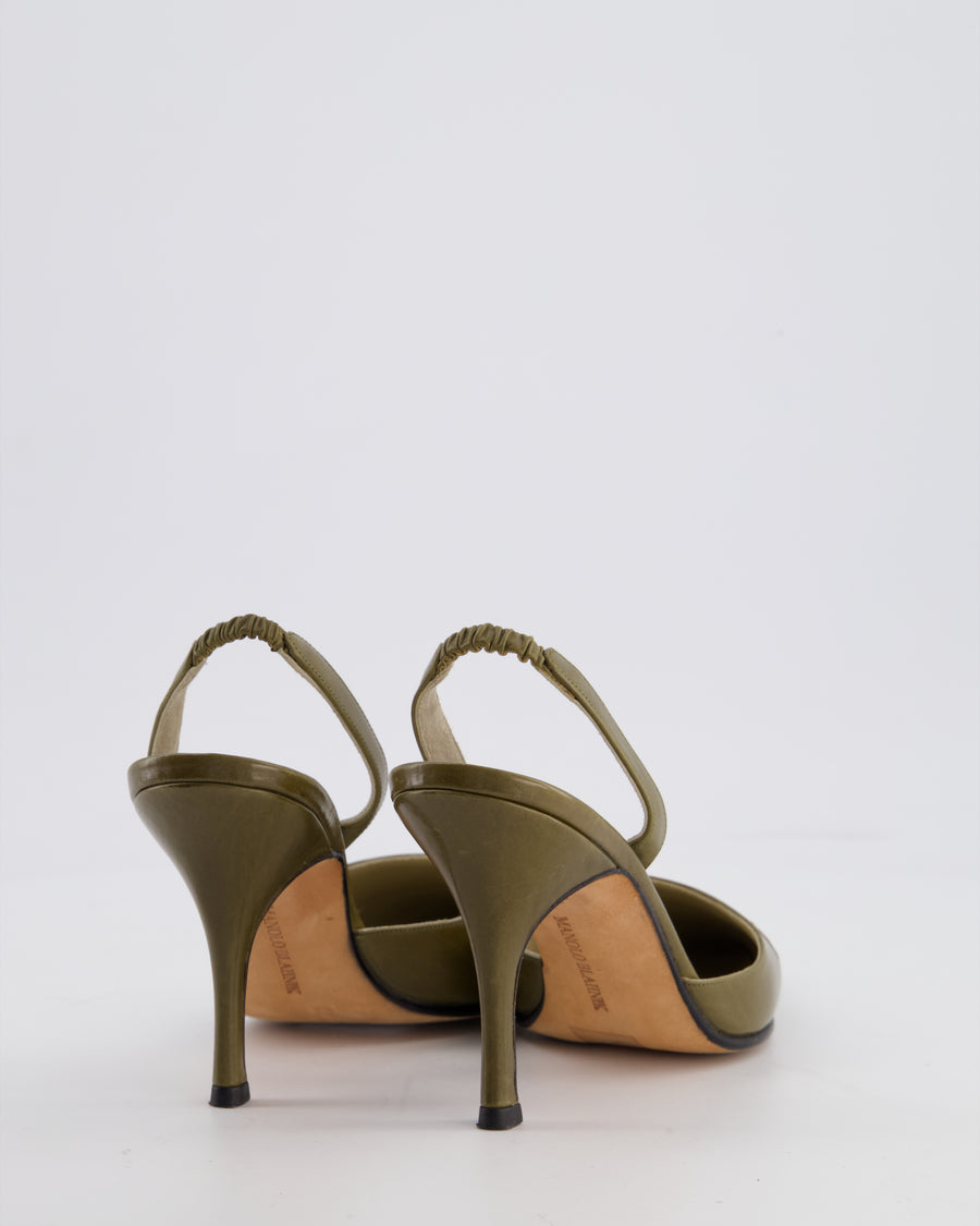 Manolo Blahnik Olive Green Slingback Heels with Crocodile Detail Size EU 35.5