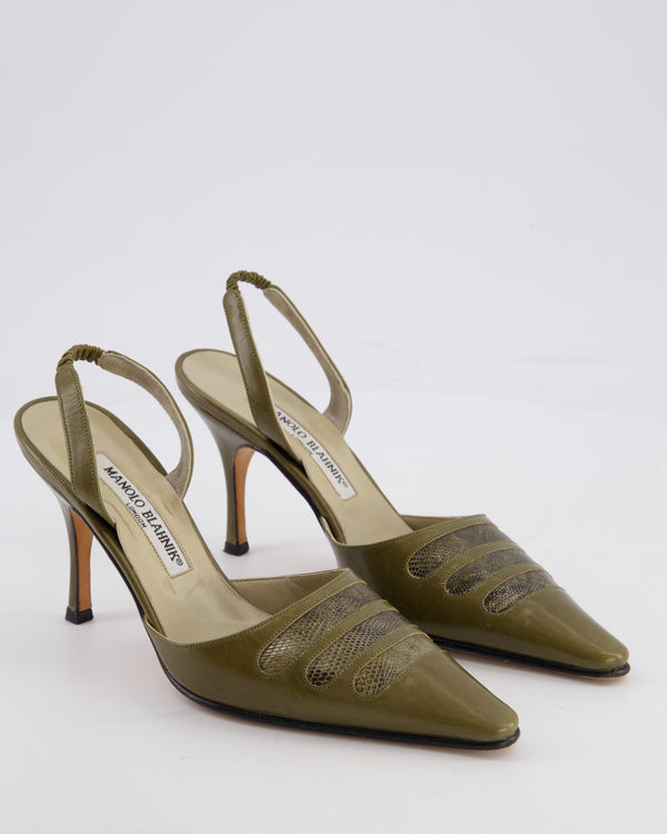 Manolo Blahnik Olive Green Slingback Heels with Crocodile Detail Size EU 35.5
