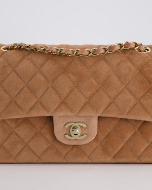 *SUPER RARE* Chanel Caramel Medium Classic Double Flap Bag in Suede Leather with Champagne Gold Hardware