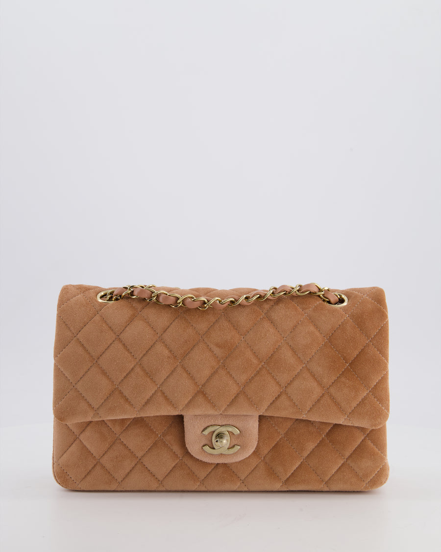 *SUPER RARE* Chanel Caramel Medium Classic Double Flap Bag in Suede Leather with Champagne Gold Hardware