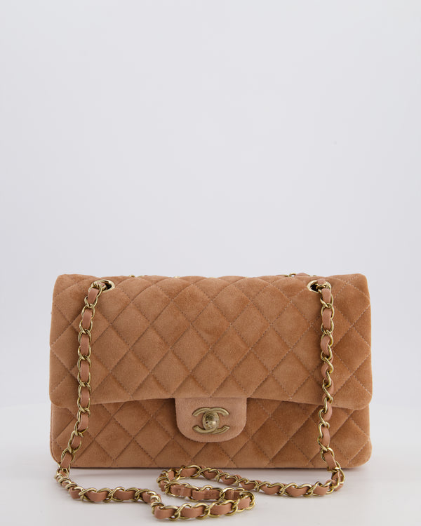 *SUPER RARE* Chanel Caramel Medium Classic Double Flap Bag in Suede Leather with Champagne Gold Hardware