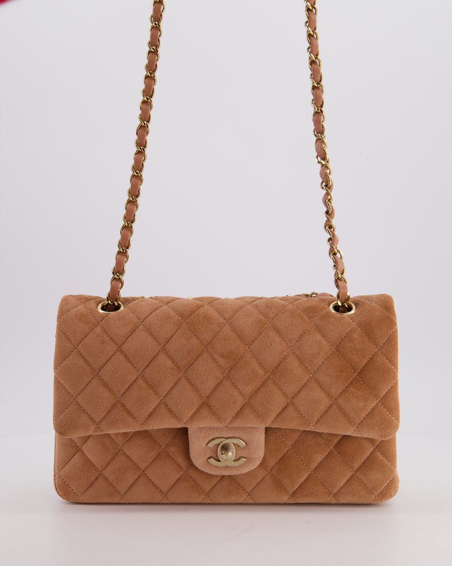 *SUPER RARE* Chanel Caramel Medium Classic Double Flap Bag in Suede Leather with Champagne Gold Hardware