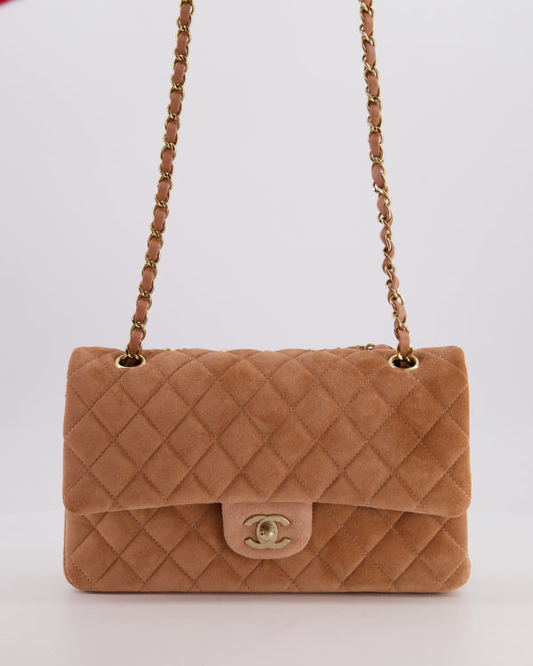 *SUPER RARE* Chanel Caramel Medium Classic Double Flap Bag in Suede Leather with Champagne Gold Hardware