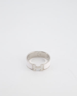 Hermes White Large Clic H Bracelet in Palladium-Plated Metal with Enamel