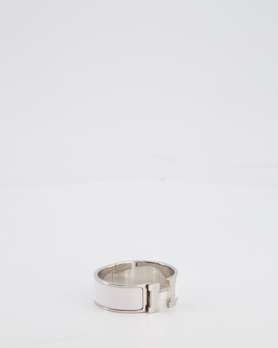 Hermes White Large Clic H Bracelet in Palladium-Plated Metal with Enamel