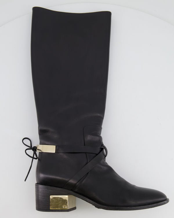 Christian Dior Black Leather Knee High Boots with Gold Logo Detail Size EU 37