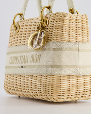 Christian Dior Medium Dioriviera Lady Dior Basket Bag in Natural Wicker and Ecru/Beige Canvas With Antique Gold Hardware
