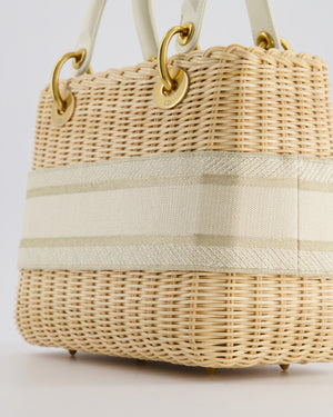 Christian Dior Medium Dioriviera Lady Dior Basket Bag in Natural Wicker and Ecru/Beige Canvas With Antique Gold Hardware