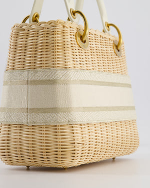 Christian Dior Medium Dioriviera Lady Dior Basket Bag in Natural Wicker and Ecru/Beige Canvas With Antique Gold Hardware