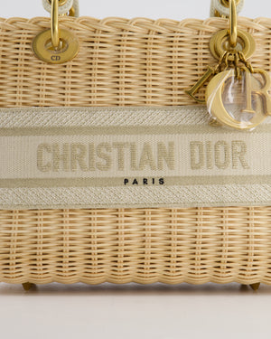 Christian Dior Medium Dioriviera Lady Dior Basket Bag in Natural Wicker and Ecru/Beige Canvas With Antique Gold Hardware