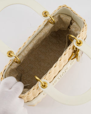Christian Dior Medium Dioriviera Lady Dior Basket Bag in Natural Wicker and Ecru/Beige Canvas With Antique Gold Hardware
