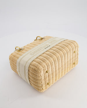 Christian Dior Medium Dioriviera Lady Dior Basket Bag in Natural Wicker and Ecru/Beige Canvas With Antique Gold Hardware