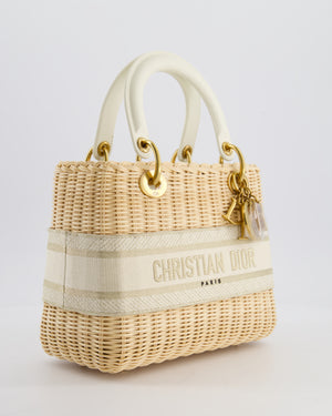 Christian Dior Medium Dioriviera Lady Dior Basket Bag in Natural Wicker and Ecru/Beige Canvas With Antique Gold Hardware