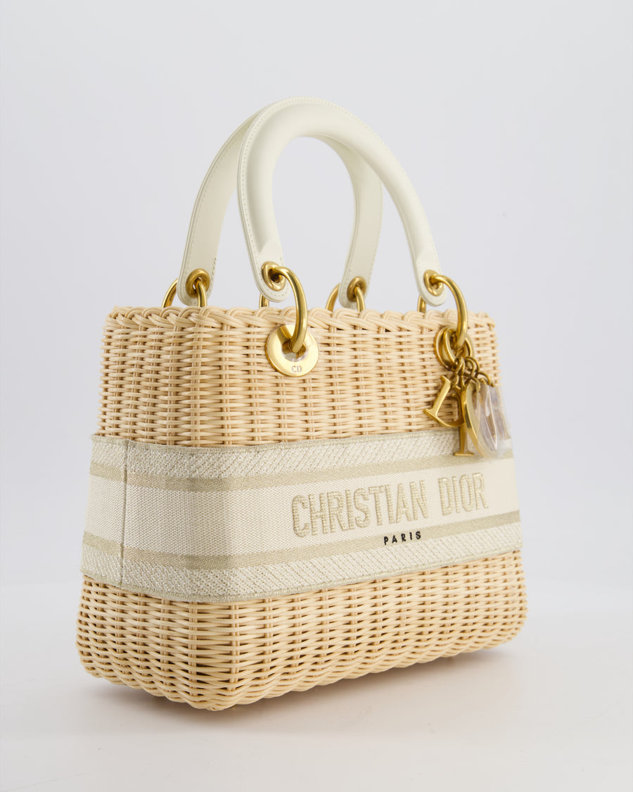 Christian Dior Medium Dioriviera Lady Dior Basket Bag in Natural Wicker and Ecru/Beige Canvas With Antique Gold Hardware