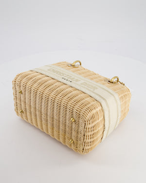 Christian Dior Medium Dioriviera Lady Dior Basket Bag in Natural Wicker and Ecru/Beige Canvas With Antique Gold Hardware