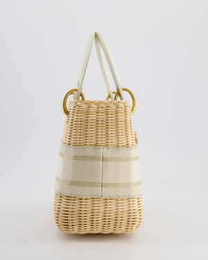 Christian Dior Medium Dioriviera Lady Dior Basket Bag in Natural Wicker and Ecru/Beige Canvas With Antique Gold Hardware
