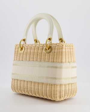 Christian Dior Medium Dioriviera Lady Dior Basket Bag in Natural Wicker and Ecru/Beige Canvas With Antique Gold Hardware