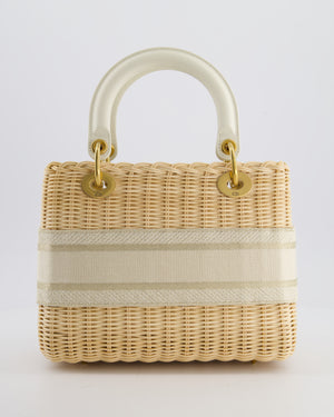 Christian Dior Medium Dioriviera Lady Dior Basket Bag in Natural Wicker and Ecru/Beige Canvas With Antique Gold Hardware