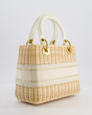 Christian Dior Medium Dioriviera Lady Dior Basket Bag in Natural Wicker and Ecru/Beige Canvas With Antique Gold Hardware