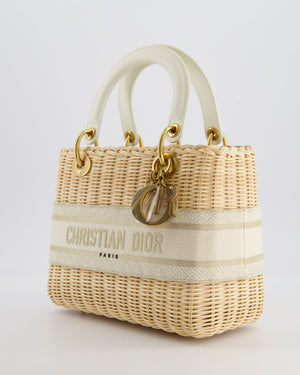 Christian Dior Medium Dioriviera Lady Dior Basket Bag in Natural Wicker and Ecru/Beige Canvas With Antique Gold Hardware