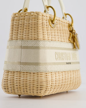Christian Dior Medium Dioriviera Lady Dior Basket Bag in Natural Wicker and Ecru/Beige Canvas With Antique Gold Hardware