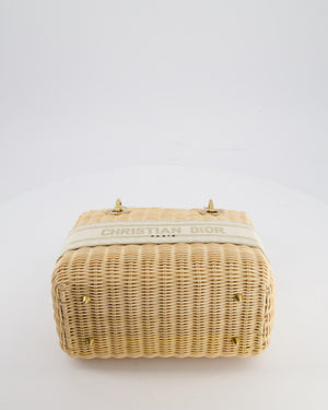Christian Dior Medium Dioriviera Lady Dior Basket Bag in Natural Wicker and Ecru/Beige Canvas With Antique Gold Hardware