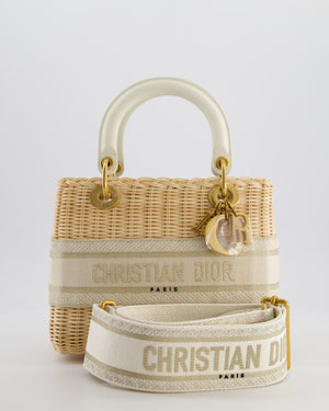 Christian Dior Medium Dioriviera Lady Dior Basket Bag in Natural Wicker and Ecru/Beige Canvas With Antique Gold Hardware