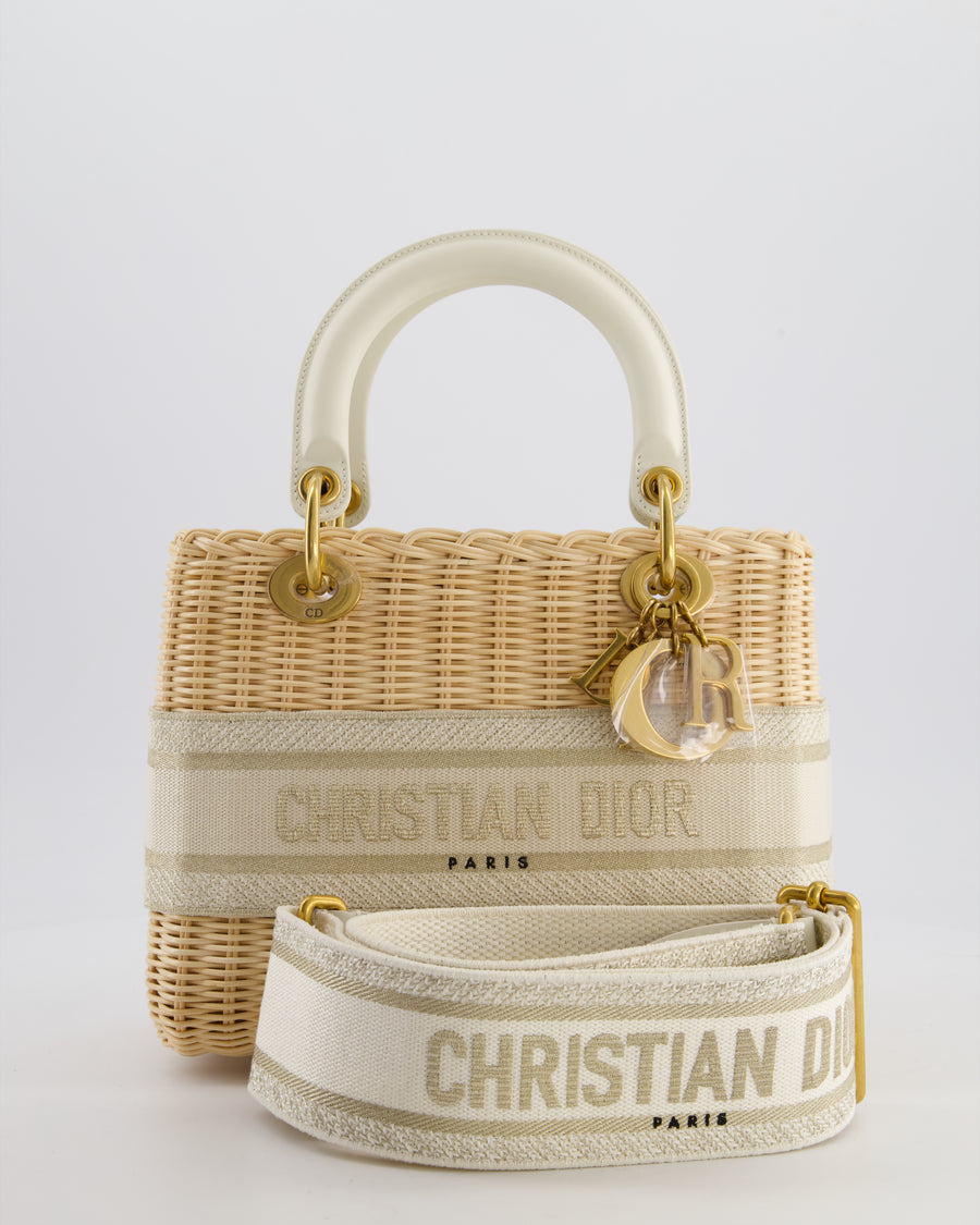 Christian Dior Medium Dioriviera Lady Dior Basket Bag in Natural Wicker and Ecru/Beige Canvas With Antique Gold Hardware