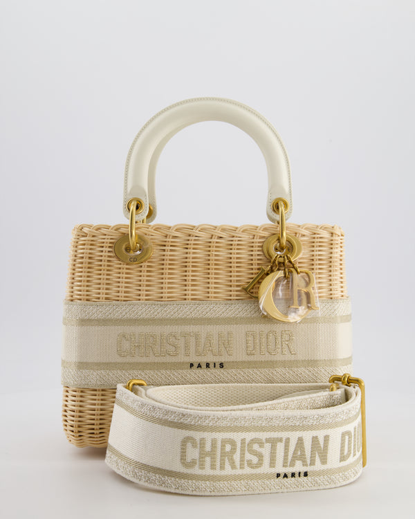 Christian Dior Medium Dioriviera Lady Dior Basket Bag in Natural Wicker and Ecru/Beige Canvas With Antique Gold Hardware