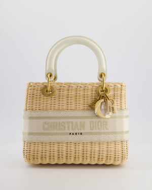 Christian Dior Medium Dioriviera Lady Dior Basket Bag in Natural Wicker and Ecru/Beige Canvas With Antique Gold Hardware
