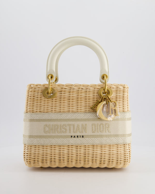 Christian Dior Medium Dioriviera Lady Dior Basket Bag in Natural Wicker and Ecru/Beige Canvas With Antique Gold Hardware