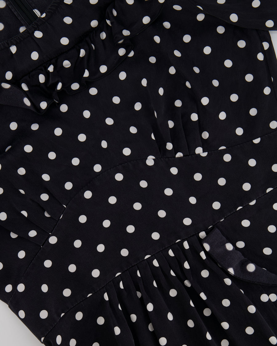 Alessandra Rich Black and White Silk Polkadot Midi Dress with Ruffle Details Size IT 42 (UK 10)