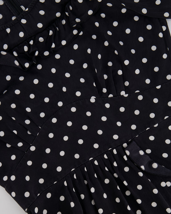 Alessandra Rich Black and White Silk Polkadot Midi Dress with Ruffle Details Size IT 42 (UK 10)