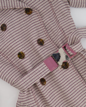 Fendi Red and Pink Micro Houndstooth Belted Jacket with Brown Tortoise Shell Logo Buttons Size IT 38 (UK 6)